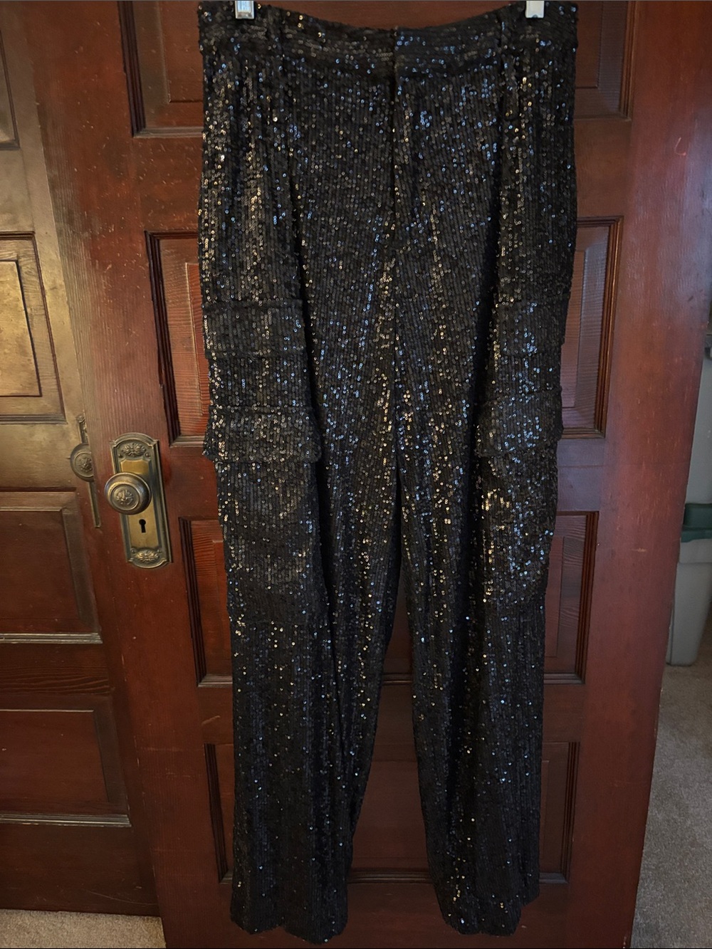 Noli Black Sequin Wide-Leg Cargo Pants